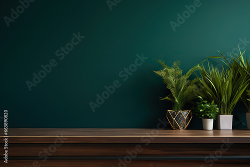 Empty wooden table counter with plant on it. Green wall. Ai generated image