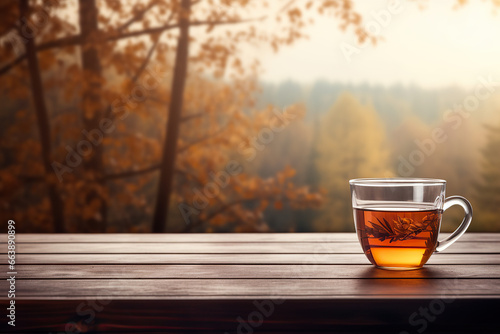 Cop of tea on a wooden table. Blurred forrest in the autumn in the background.