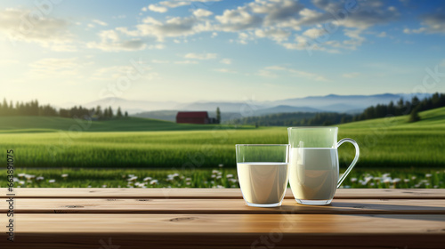 Bottle of milk on the countertop and green field in the background