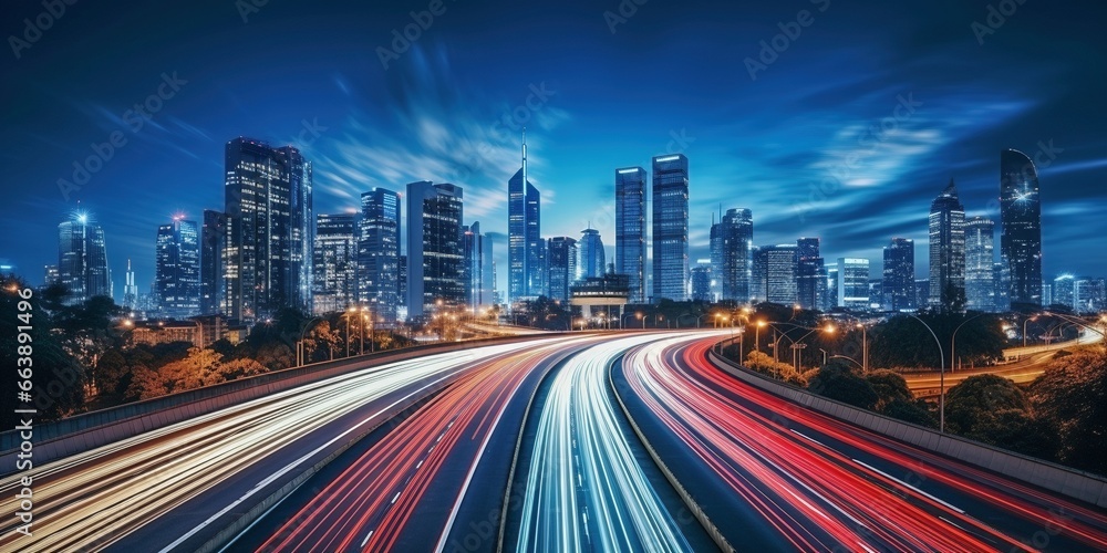 A cityscape at dusk with red white and yellow light trails in the foreground A cityscape at dusk with red white and yellow light trails in the foreground