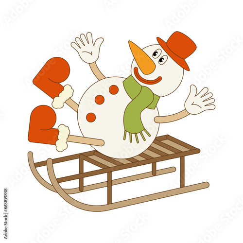 Snowman on a sled. Christmas illustration in retro groovy style, for cards, posters, wrapping paper, banners, flyers. Vector.