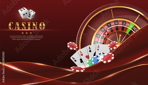 Online casino red luxury background with roulette wheel, flying cards and poker chips.
