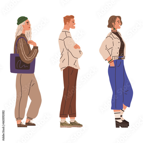 Waiting line, people queuing. Vector illustration. There was big queue at grocery store this morning Men and women queuing at pharmacy were talking about weather People waiting in line at airport