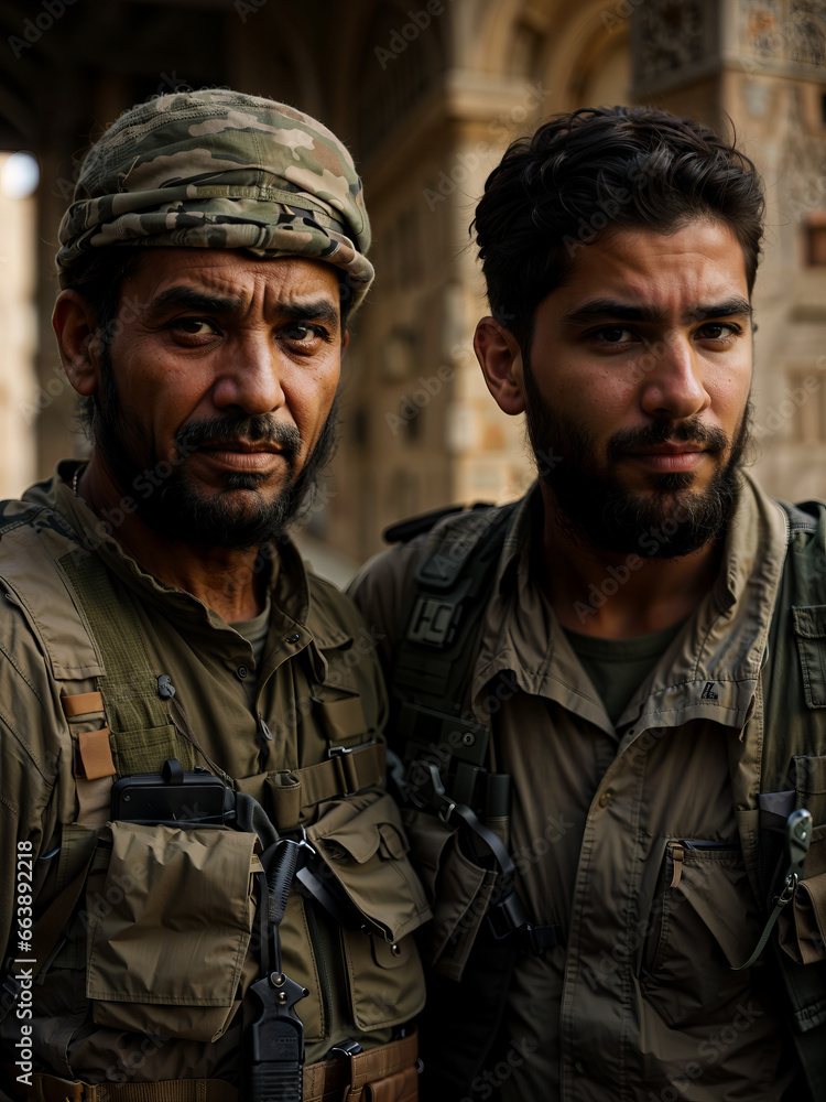 War, Conflict in the Middle East, symbolic image of the Israel Palestine conflict, a portrait of soldiers from the Middle East tired of the wars affecting their families, young and old generations,
