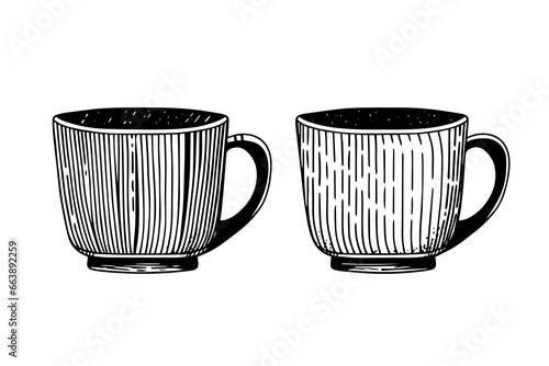 Set of vintage cups or mugs hand drawn ink sketch. Engraved style vector illustration
