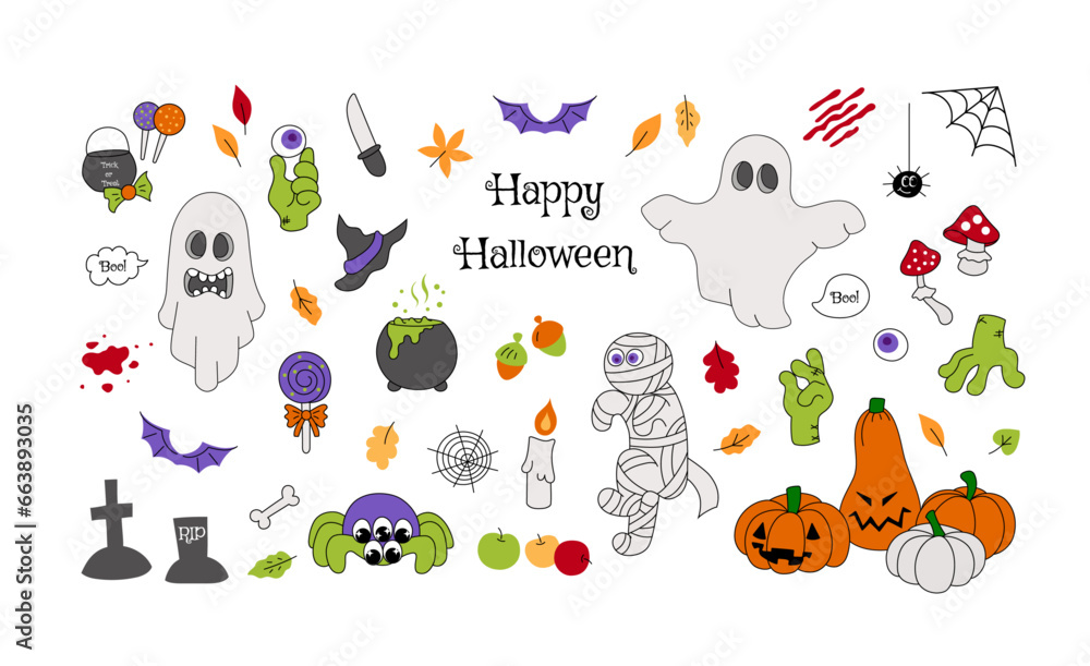 Retro hand drawn Halloween set. Pumpkin, candy, ghost, zombie, spider, groovy characters, wicked objects for print, web. Happy Halloween cartoon illustration on isolated background. Vector