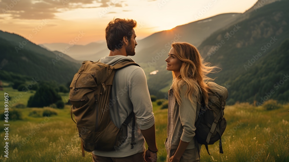 Romantic Couple Hiking in European Mountains at Sunset - Candid Closeup Photo