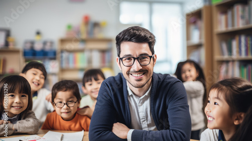 Teacher in a kindergarten or elementary school surrounded by her students.