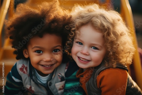 Portrait of two child embracing and laughing hard outdoors. Two cute smiling little boys belonging to different races together for fun, bonding or playing. Best friends 