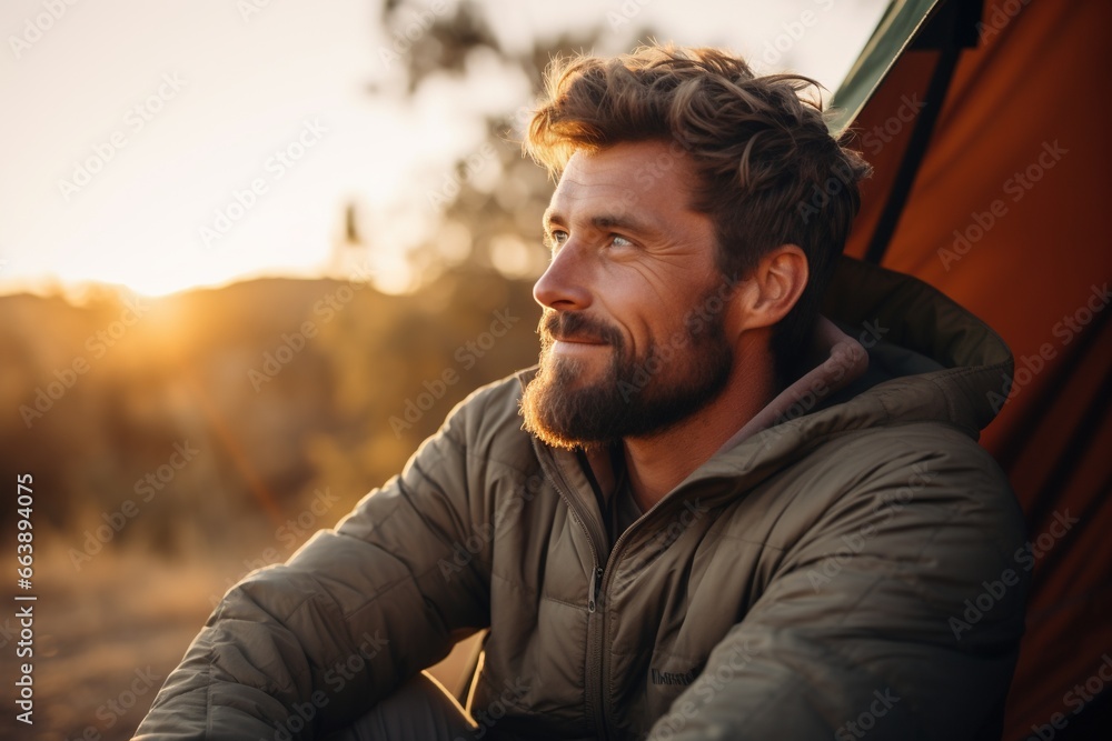 Portrait of man looking at camera while near camping tent at sunset Portrait of man looking at camera while near camping tent at sunset