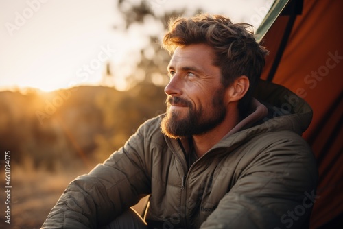 Portrait of  man looking at camera while near camping tent at sunset