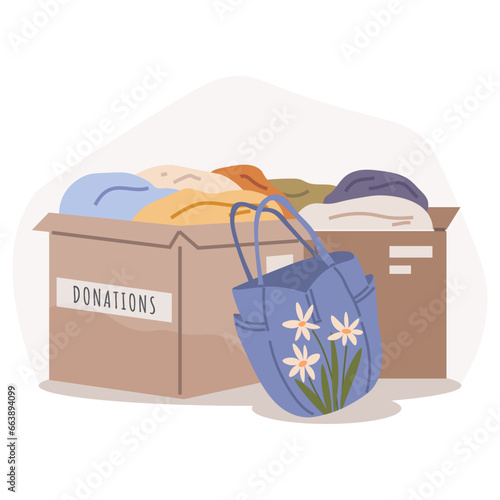 Clothes donation. Vector illustration. The clothes donation concept emphasizes importance giving back Volunteering to collect and distribute donated clothes is noble act Unused clothing find