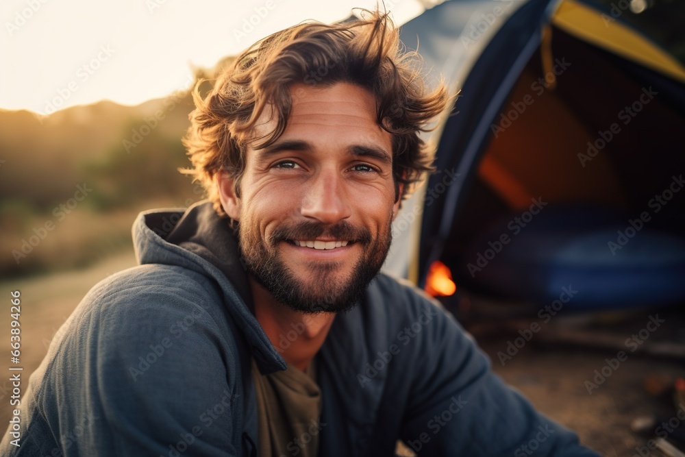 Portrait of  man looking at camera while near camping tent at sunset