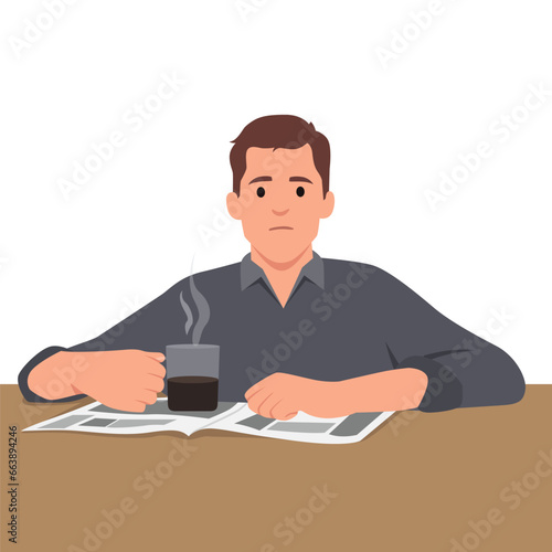 Sleepy or tired employee. A hangover or a disease. Sad businessman holding a glass of coffee sitting on the desk. Flat vector illustration isolated on white background