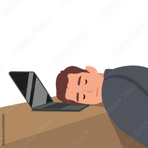 Tired and stressed young business man sleeping on his laptop in his office. Flat vector illustration isolated on white background