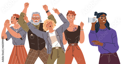 Happy people concept. Vector illustration Men and women happy at carnival laugh and play People on event or ceremony show unity and togetherness Happiness emotions are felt deeply at heartfelt