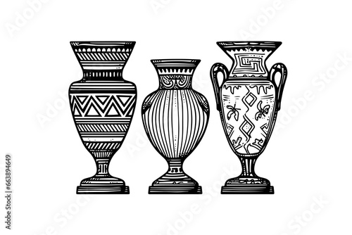 Set of ancient vase hand drawn ink sketch. Engraved style vector illustration