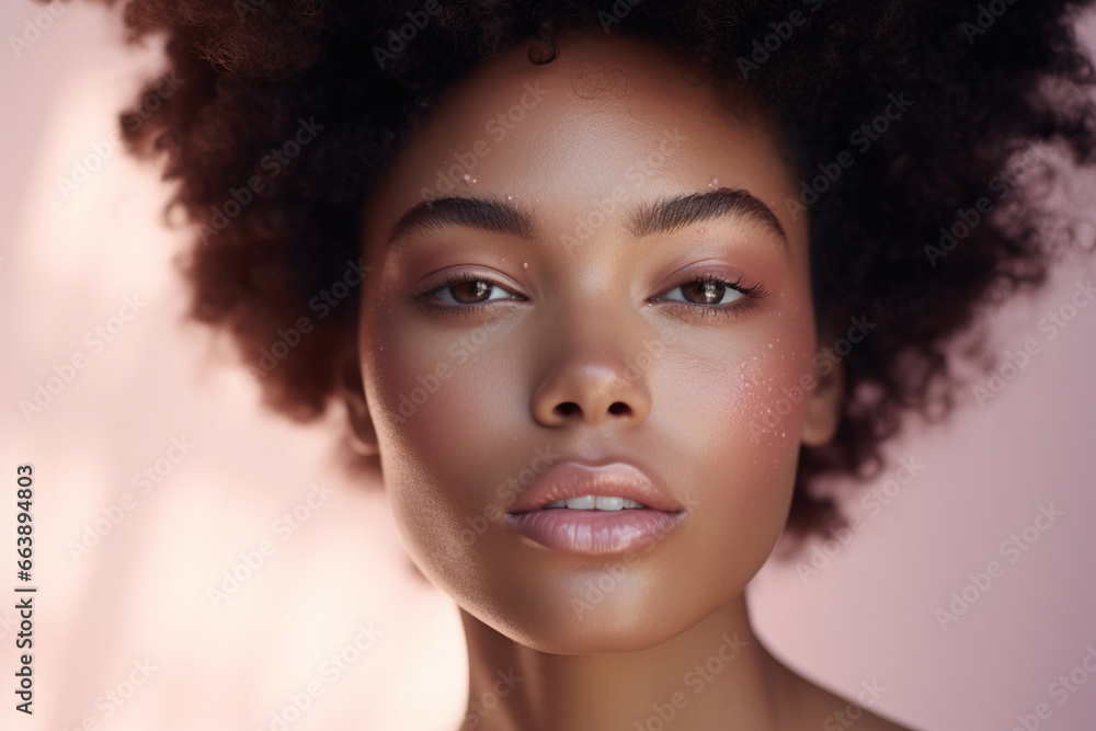 beauty shot of a black woman with droplets of hyaluronic acid serum on a pastel pink background beauty shot of a black woman with droplets of hyaluronic acid serum on a pastel pink background