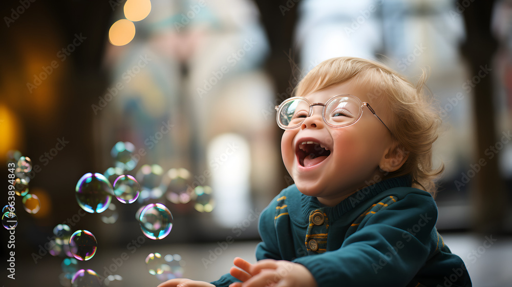 Child with Down syndrome joyfully playing with bubbles