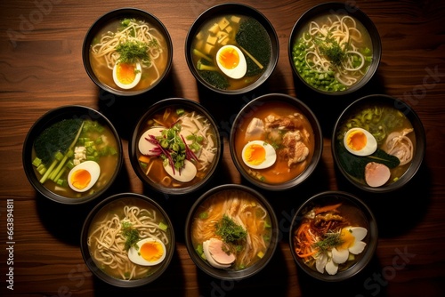 Bird's-eye view of multiple bowls of Japanese ramen soup. Generative AI