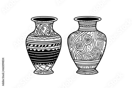 Set of ancient vase hand drawn ink sketch. Engraved style vector illustration