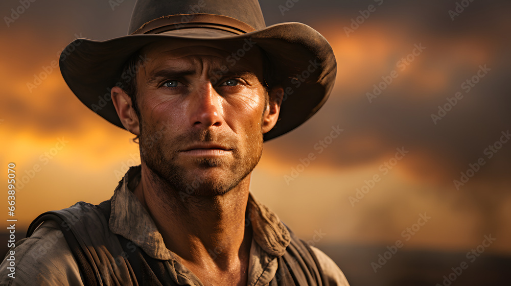 Cowboy in close-up, gazing into distance with hat on Cowboy in close-up, gazing into distance with hat on