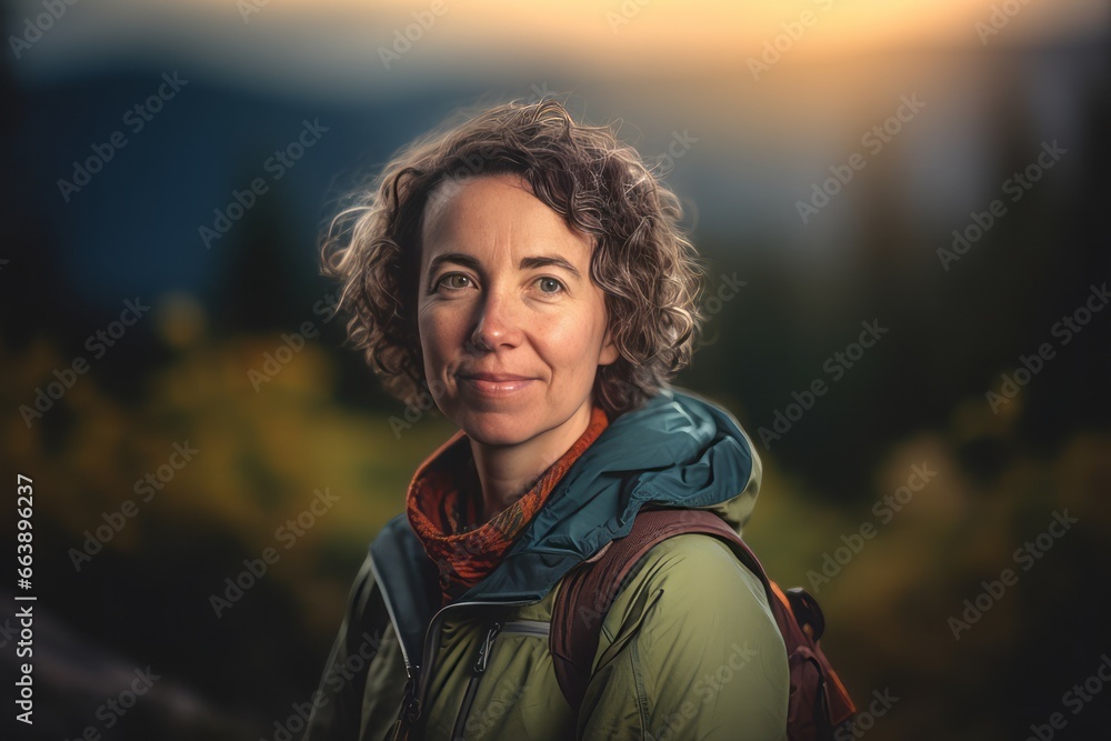 Woman travel hiking with backpack. Trekking tourism adventure in mountain vacation. Generate ai - obrazy, fototapety, plakaty 