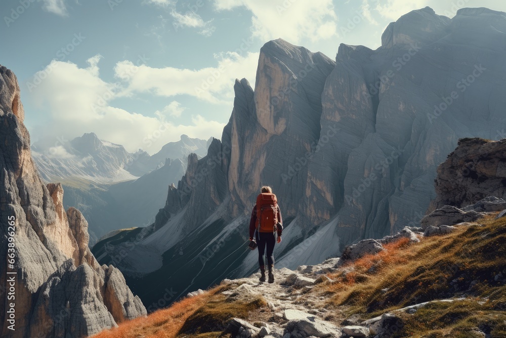 Obraz premium Hiker admiring majestic mountain view on rocky trail