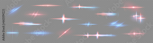 Realistic light reflections, neon illumination in red and blue colors. Bright light lens. Police light effects, lines. Shiny stars, glowing sparks on a black background. Vector