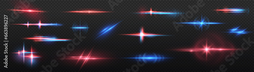 Realistic light reflections, neon illumination in red and blue colors. Bright light lens. Police light effects, lines. Shiny stars, glowing sparks on a black background. Vector