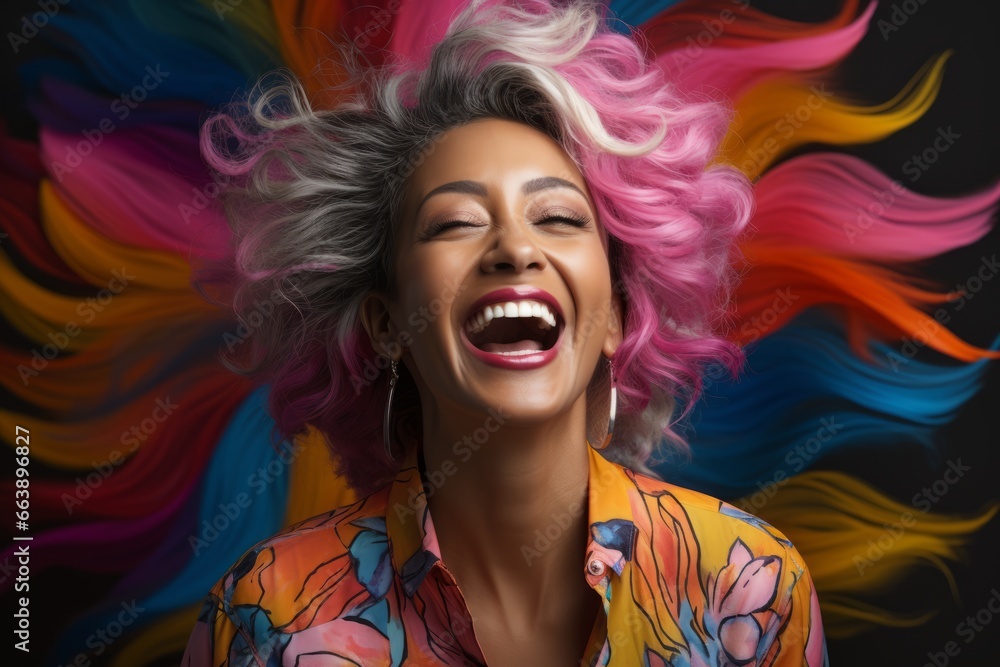 Mujer de mediana edad sonriente y divertida frente a un fondo colorido. Empoderamiento