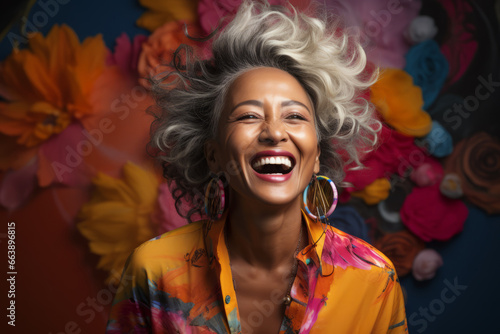 Mujer de mediana edad sonriente y divertida frente a un fondo colorido. Empoderamiento photo