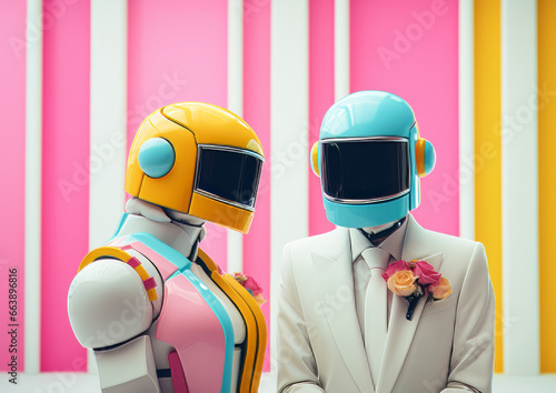 Love scene, wedding ceremony, futuristic robot couple in love. Valentine concept