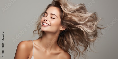 AI Generated. AI Generative. Beautiful young adult female girl model with luxuy long hair. Make up and smile portrait face woman. Graphic Art