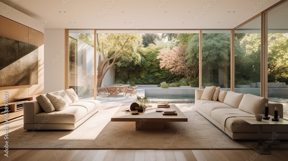 Large glass room with access to the garden, modern interior, architectural design Large glass room with access to the garden, modern interior, architectural design