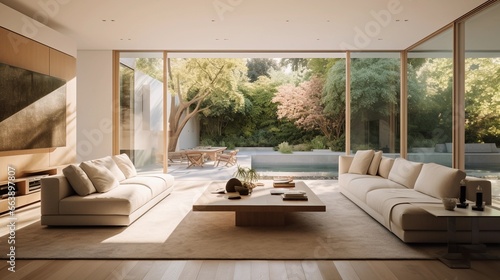 Large glass room with access to the garden  modern interior  architectural design