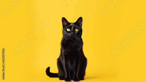 Beautiful young black cat with yellow eyes on yellow background © andrew_shots
