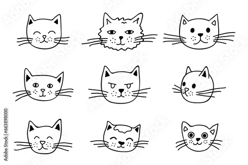 Hand drawn cat muzzle clipart. Cute pet face doodle set