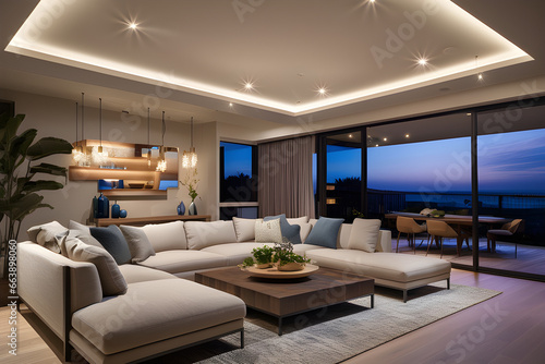 The living room's smart lighting system allows for customized ambiance, easily transitioning from bright and vibrant during the day to warm and cozy in the evening. Generative AI © SeungWoo