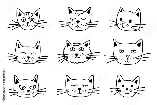 Hand drawn cat muzzle clipart. Cute pet face doodle set