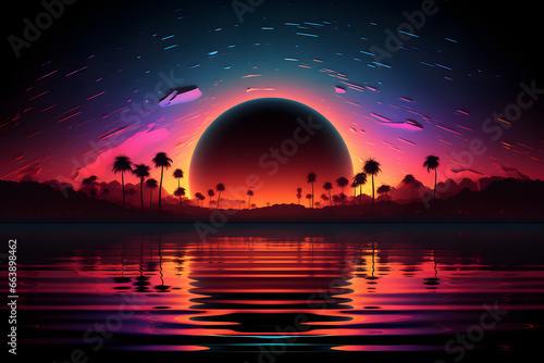Retro sun in 80`s style. Vaporvave, retrowave, synthwave futuristic background with sunset. Trendy design for sci-fi, cyber abstract poster, print. Abstract pastel holographic blurred grainy gradient