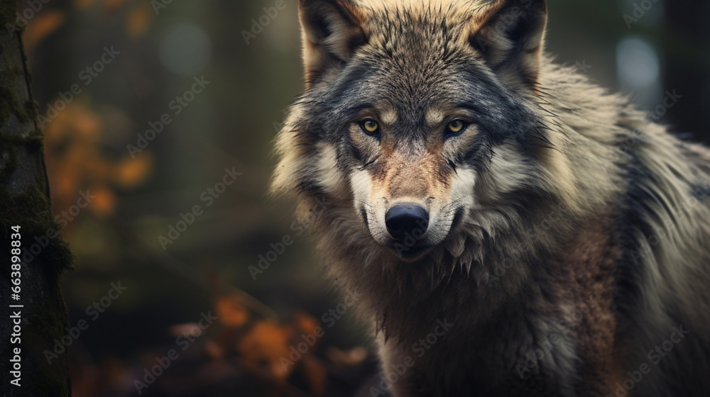 Close-up photo of wolf, scary predator in the forest. Close-up photo of wolf, scary predator in the forest.