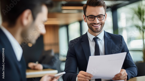 Businessman holds up company reports during an office meeting