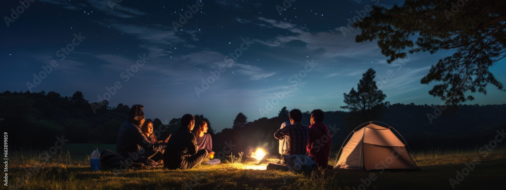 Friends campers looks up at the night sky and stars next to their tent in nature