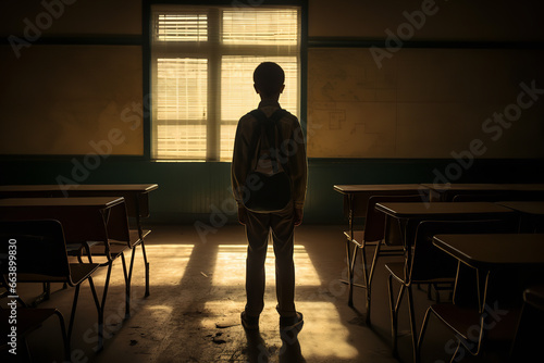  A young child is made to stand in a classroom, a traditional method of invoking shame for misbehavior