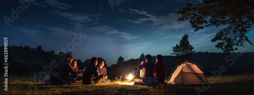 Friends campers looks up at the night sky and stars next to their tent in nature