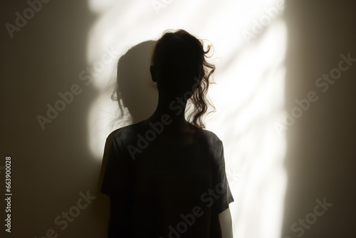 The shadow of a person with their head hung low is cast on a wall, indicating a moment of shame or defeat photo