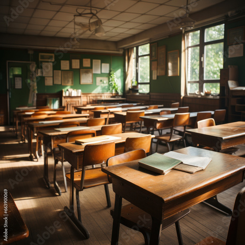  Empty Classroom. Back to school concept in high school. Classroom Interior Vintage Wooden Lecture Wooden Chairs and Desks. Studying lessons in secondary education Ai generative.