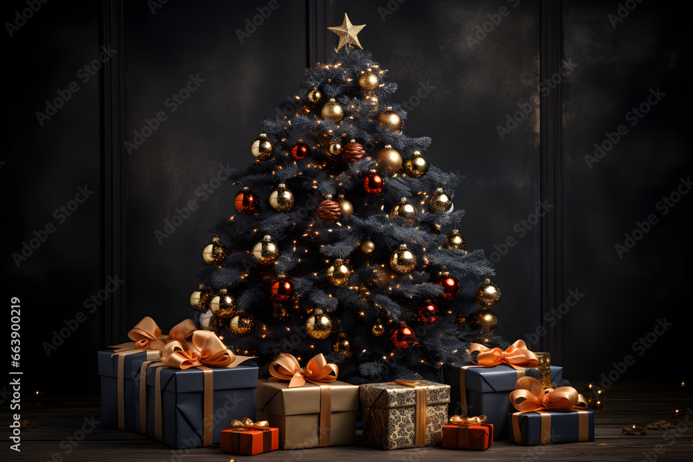 Festive Christmas tree surrounded by beautifully wrapped gifts