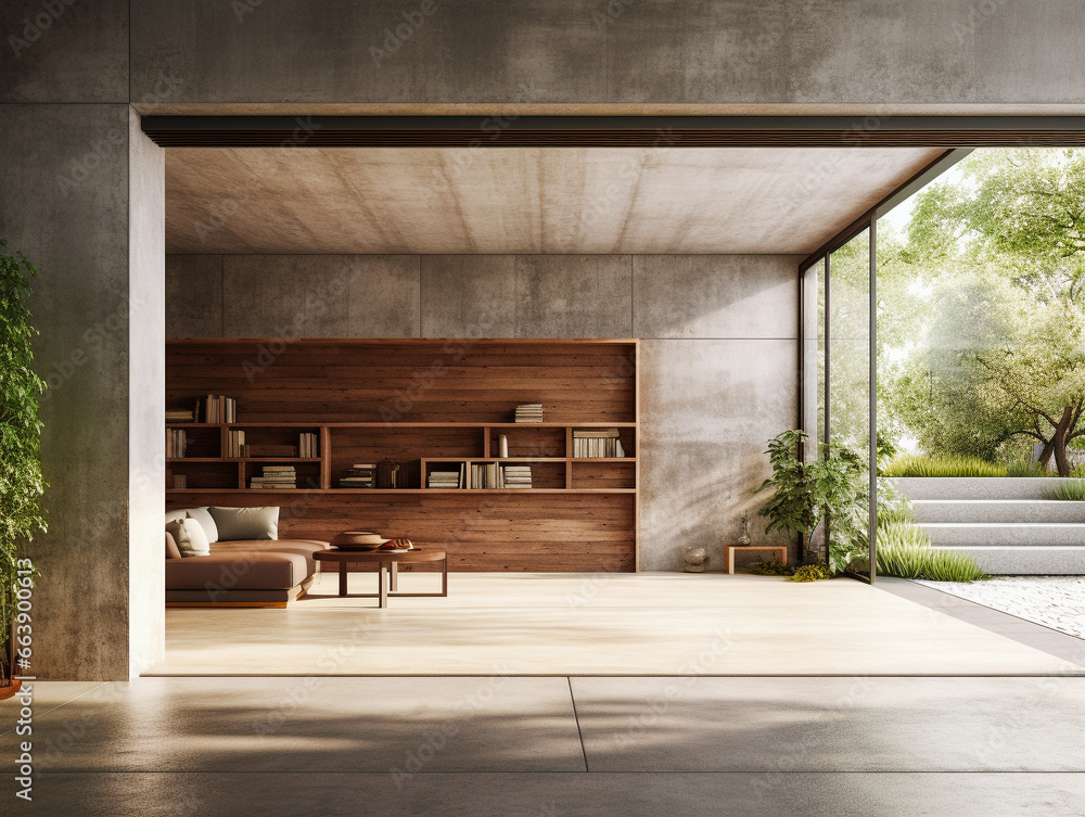 A Modern contemporary loft empty room with open door to garden 3d render The Rooms have concrete tile floors ,wooden plank ceiling, realistic renderings A Modern contemporary loft empty room with open door to garden 3d render The Rooms have concrete tile floors ,wooden plank ceiling, realistic renderings